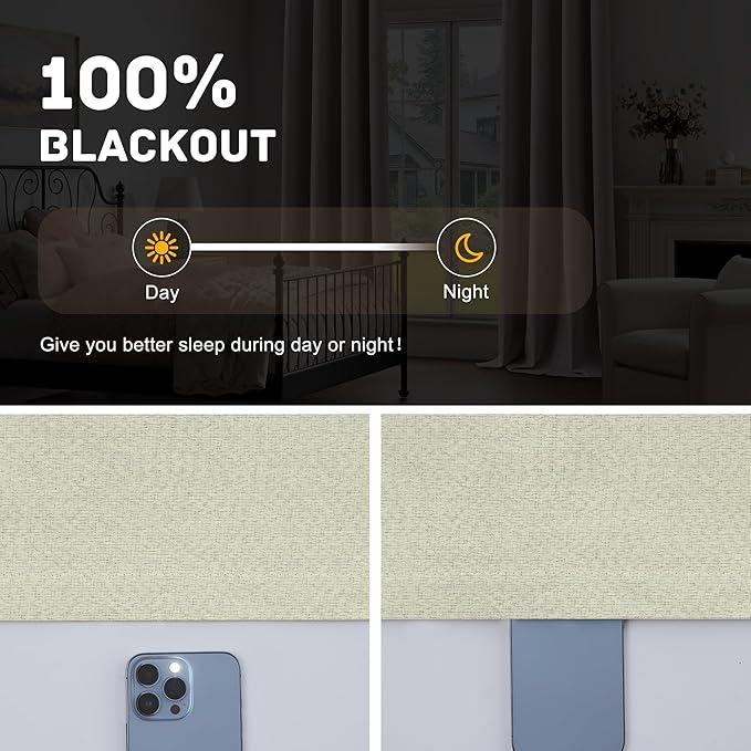 100% Blackout Linen Textured Curtains 64 Inch Length 2 Panels Set for Farmhouse, Cottage, Light Weight Curtains with Grommets Top, Full Blackout Curtains Privacy Protection, Beige, 37" W x 64" L