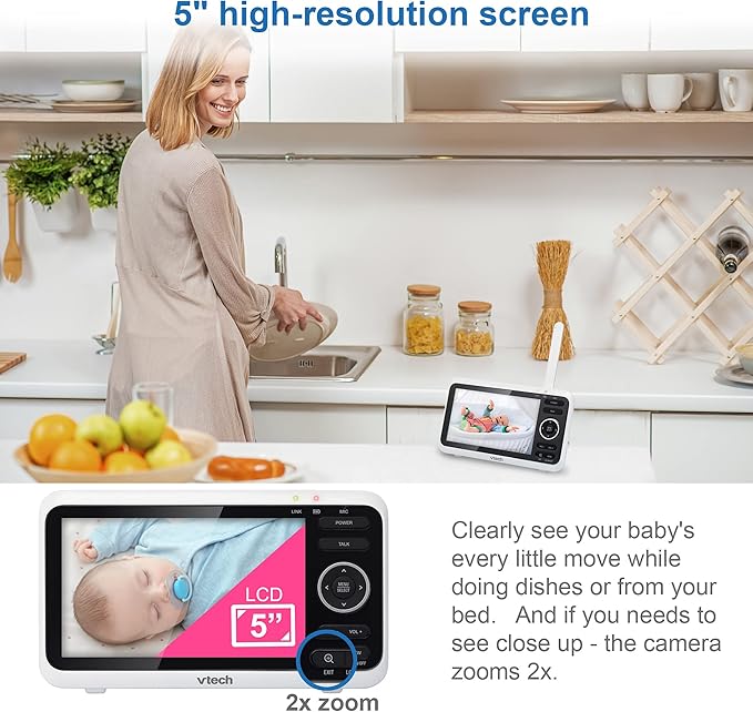 VTech [Upgraded] VM350-2 Baby Monitor, 5" Screen,2 Cameras,1000ft Range, Night Vision, 2-Way Audio, Lullabies, Secure Transmission No WiFi