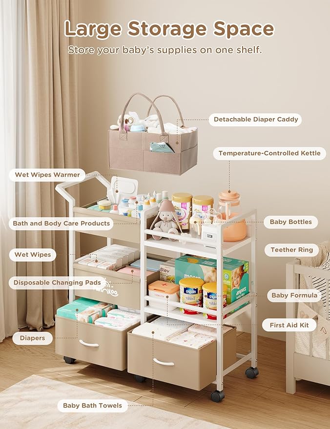 Baby Diaper Caddy Organizer, 3 Tier Rolling Storage Cart with Dividers and Drawers, Bedside Utility Cart for Nursery Essentials, Large Capacity Mobile Storage Cart for Crib, Bedroom