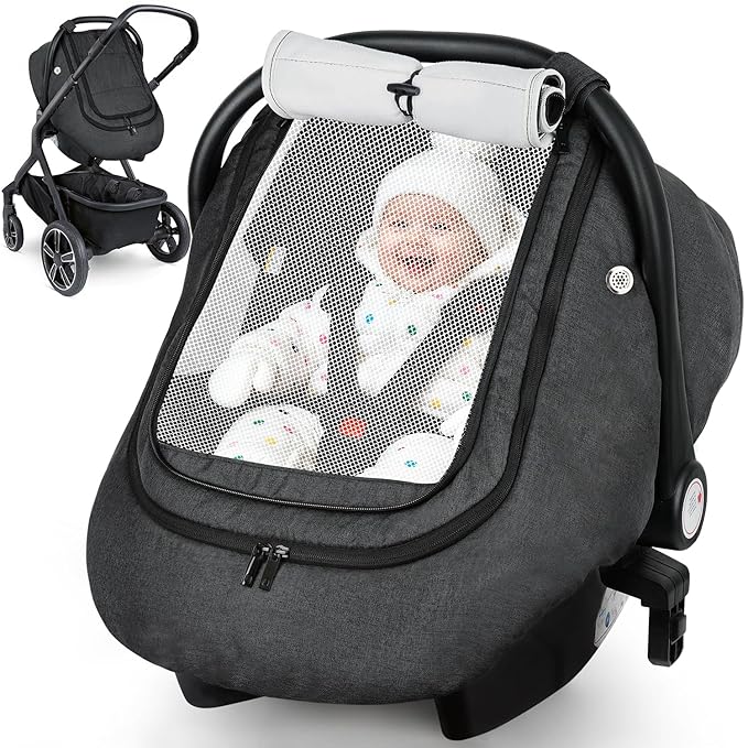 Rquite Car Seat Cover Baby, Carseat Covers Boy Girl, 2 Layers Window -Breathable Mesh & Wind/Sun Shade, Infant Car Seat Canopy Baby Carrier/Stroller Cover, Fit Spring, Fall, Winter, Cold Weather