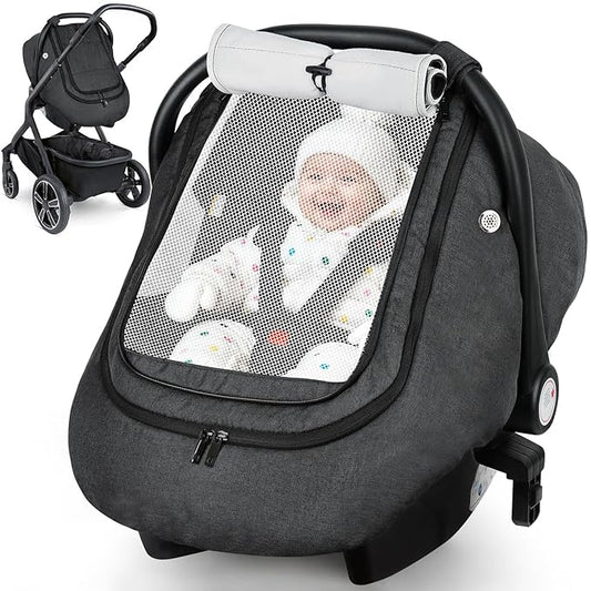 Rquite Car Seat Cover Baby, Carseat Covers Boy Girl, 2 Layers Window -Breathable Mesh & Wind/Sun Shade, Infant Car Seat Canopy Baby Carrier/Stroller Cover, Fit Spring, Fall, Winter, Cold Weather