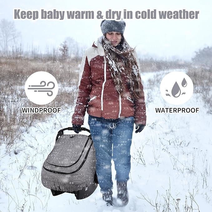 Rquite Car Seat Cover Baby, Carseat Covers Boy Girl, 2 Layers Window -Breathable Mesh & Wind/Sun Shade, Infant Car Seat Canopy Baby Carrier/Stroller Cover, Fit Spring, Fall, Winter, Cold Weather