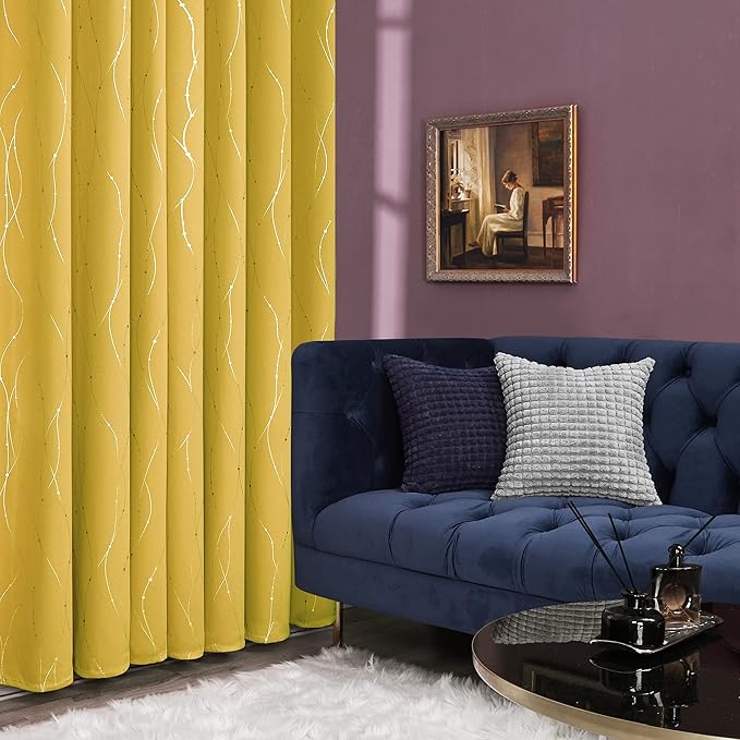 Deconovo Yellow Curtains, Blackout Drapes, Thermal Insulated Soundoroof Pravicy Curtain with Wave Dots Foil, 42 x 72 Inch, Machine Washable Panels for Small Windows Office Nursery Living Room Bedroom