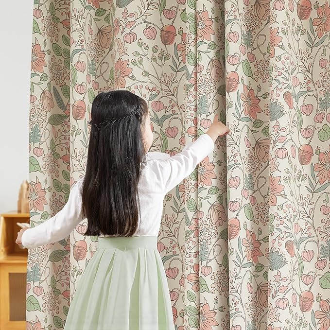 jinchan Nursery Curtains 95% Blackout 90 Inch Long, Pink Floral Curtains for Girls Room, Farmhouse Country Drapes for Living Room, Room Darkening Window Treatments Grommet Top Set 2 Panels