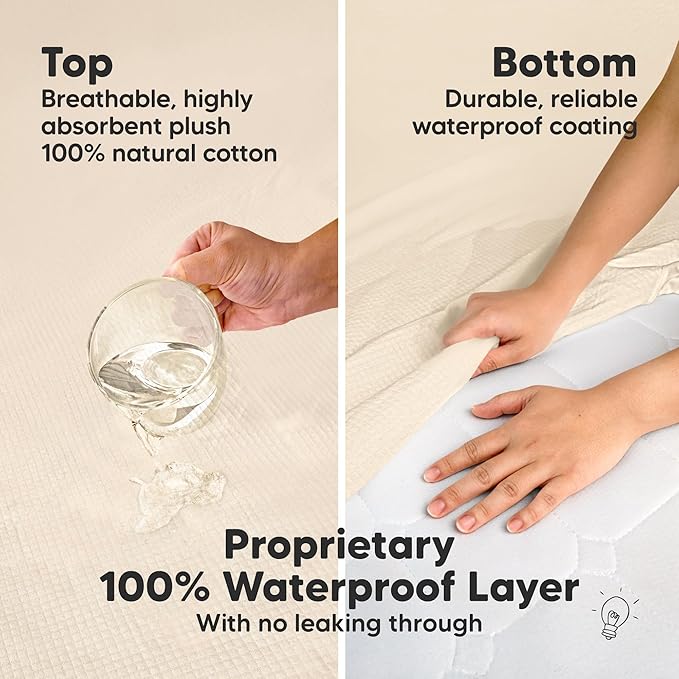 2-Pack Waterproof Crib Mattress Protector Cover Fitted - Quiet Baby Crib Mattress Pad Sheets, 52" x 28" Soft Quilted Cotton Baby Sheet, Machine Washable, Easy Fit, Durable (Ecru/Quin)