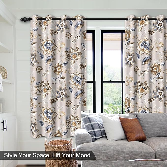 Floral Blackout Curtains for Bedroom and Living Room, Farmhouse Room Darkening Soundproof Thermal Insulated Blackout Curtains for Winter, Grommet Black Out Window Curtains 63 Inch Long 2 Panels Set