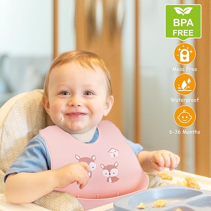 BEBE FAVOUR 2 Pack Silicone Baby Bibs Adjustable Fit Waterproof Bib With Leak Proof Food Pouch Catcher for Eating Boys Girls