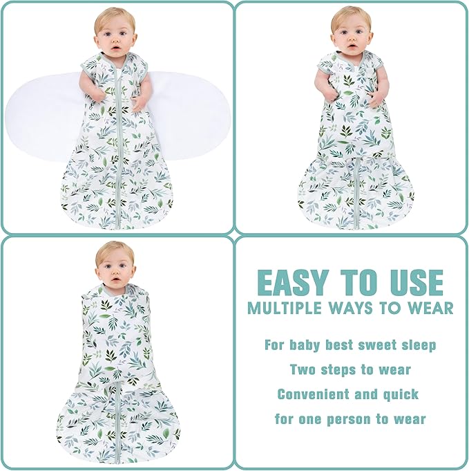 BSTOPPT Newborn Sleep Sack Baby Swaddle,Swaddle me 3-6 Month,3-Way Adjustable Wearable Blanket,100% Rayon Cotton Swaddling Sleeping Bag，TOG 0.5 (Leaf, 3-6 Months)
