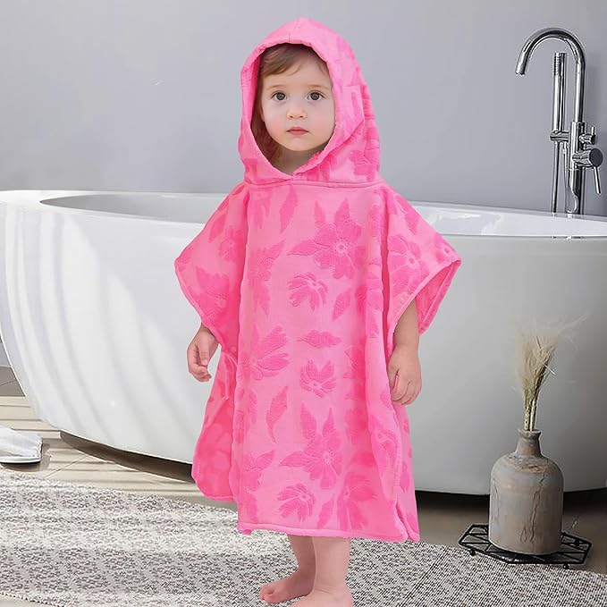 Toddler Bath Towels with Hood, Oversized (2-4Years,22"X22") Made from 100% Soft Cotton,Absorbent Hooded Poncho Towel for Baby Girl,Perfect for Pool | Swimming | Bath | Beach,Jacquard Hot Pink Flower