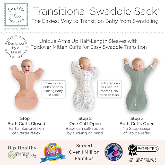 SwaddleDesigns Transitional Swaddle Sack, Arms Up Half-Length Sleeves & Mitten Cuffs, Swaddle for Newborn Transition to Baby Sleep Sack Wearable Blanket, 6-9mo, 21-24 lb, Watercolor Peachy Pink Floral