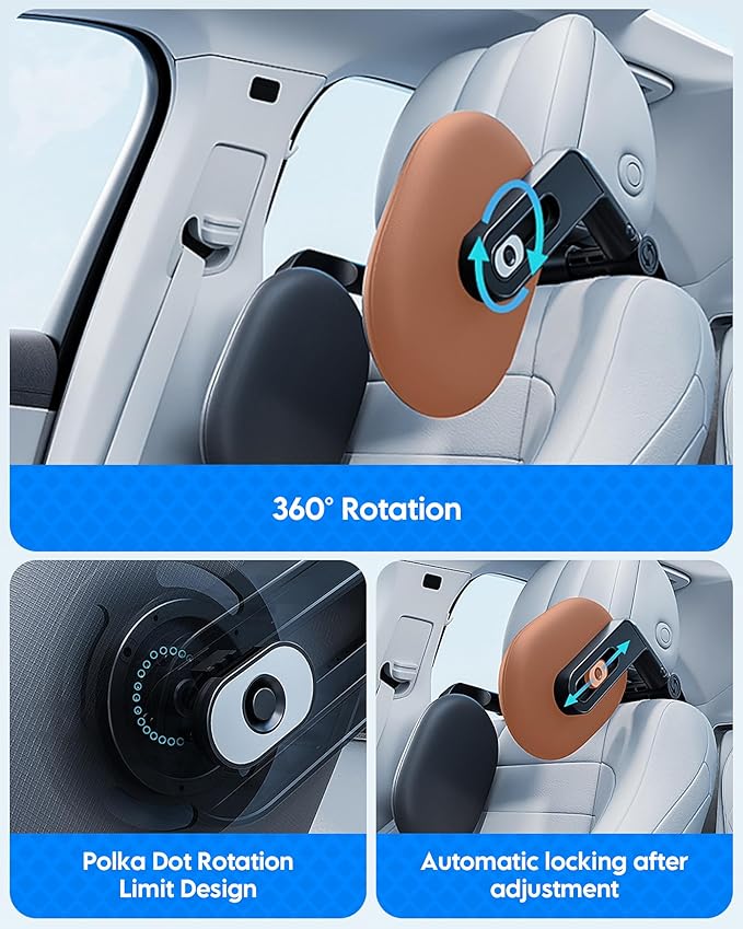 Car Headrest Pillow, 2025 Upgrade 360° Rotating Travel Headrest, 3-Point Linkage Adjustable, Thickened Breathable Memory Foam Headrest, Travel Car Sleeping Pillow for Kids, Adults