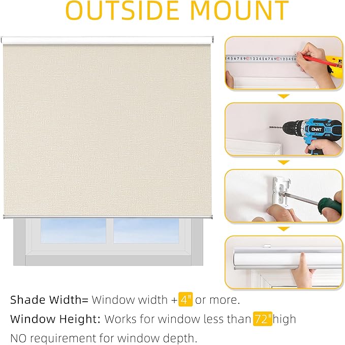 ChrisDowa Cordless 100% Blackout Roller Shade, with Striped Jacquard, Thermal Insulated, UV Protection Fabric, Total Blackout Blinds for Window, French Doors, Home and Office. Beige, 31" W x 72" H
