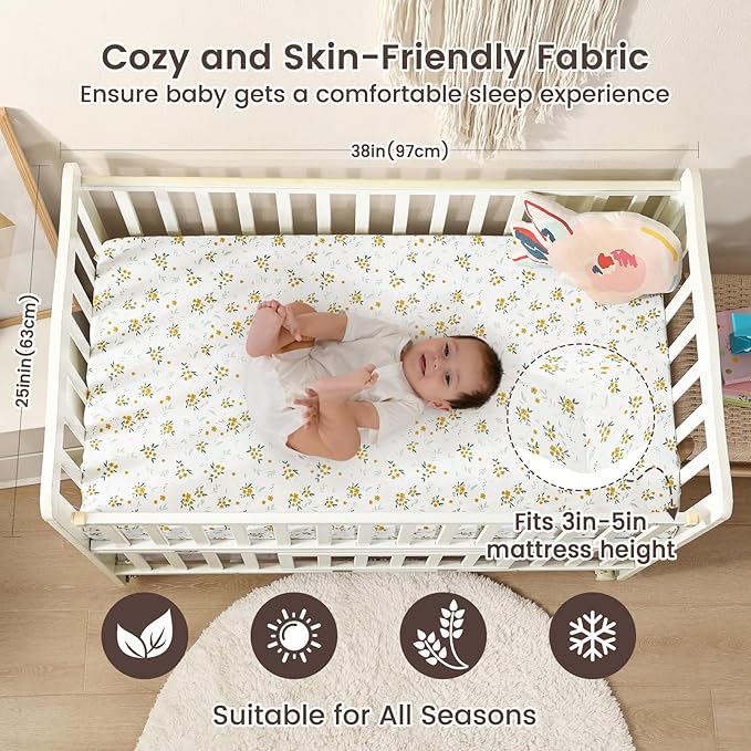 david's kids 3 Pack Mini Crib Sheets, Soft Breathable Premium Pack N Play Sheets for Baby Boys Girls Neutral, Playard and Mini Crib Mattresses, Leaf & Floral