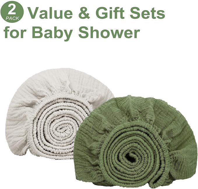 PET REJOIR Muslin Bassinet Sheet for Baby Boy and Girl-2 Pack 17"x 33" Soft Bedside Bassinet Sheets Fitted for Rectangle, Round, Oval, Hourglass Mattress-Neutral Olive Green & Beige