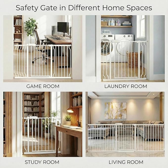 Extra Wide Baby Gate 53-57.5 Inch, Tension Mounted No Drilling, Auto Close Indoor Safety Gate for Stairs & Doorways - Metal Design for Kids and Pets, White