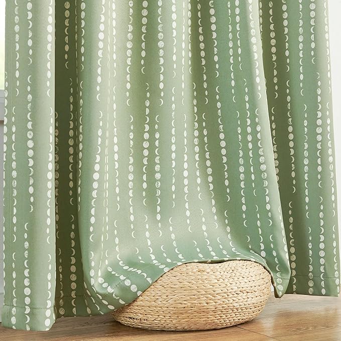 jinchan 95% Blackout Bohemian Moon Phase Print Bedroom Curtains 63 inch Length sage Green Pole Mouth Rear Label Heat Insulated Curtains for Nursery Curtain Set 2 Panels