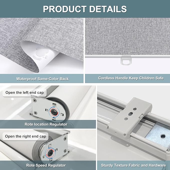 Cordless Roller Shades Blackout Blinds for Windows Room Darkening Rolled Up Shades with Spring System, UV Protection Natural Linen Window Shades Door Blinds for Home,35.5" W x 72" H, Heather Grey