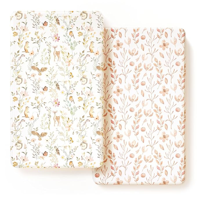 GRSSDER Stretch Ultra Soft Jersey Knit Fitted Crib Sheets Set 2 Pack，Fit All Standard Crib Mattress Pads Safe and Snug, Crib Fitted Sheet for Girls, Beautiful Blush Pink Floral and Cute Animals Print