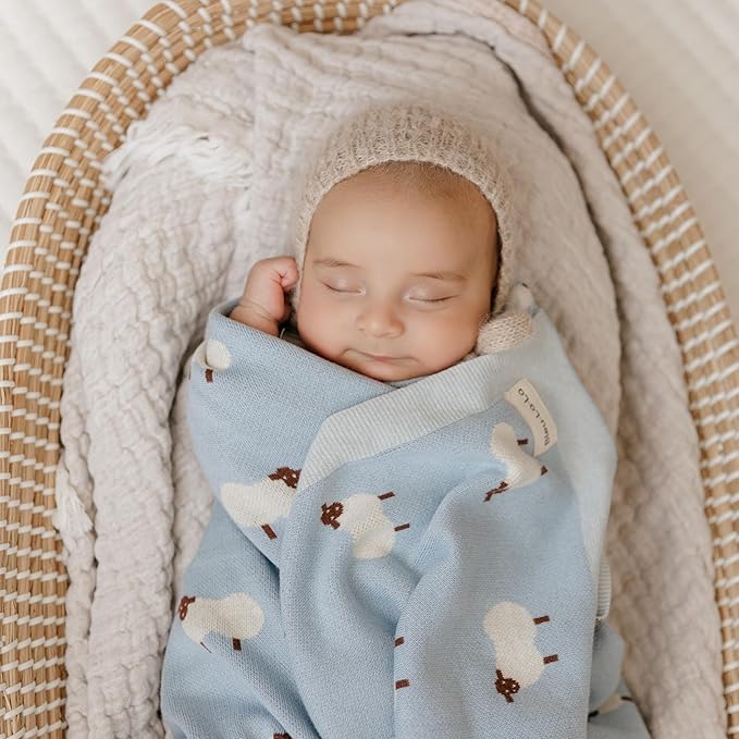 Knit Baby Swaddle Blanket for Boys - 100% Cotton Soft Cozy Lightweight Receiving Swaddling Stroller Quilt Blanket for Newborns Infants Toddlers (Sheep - Baby Blue)