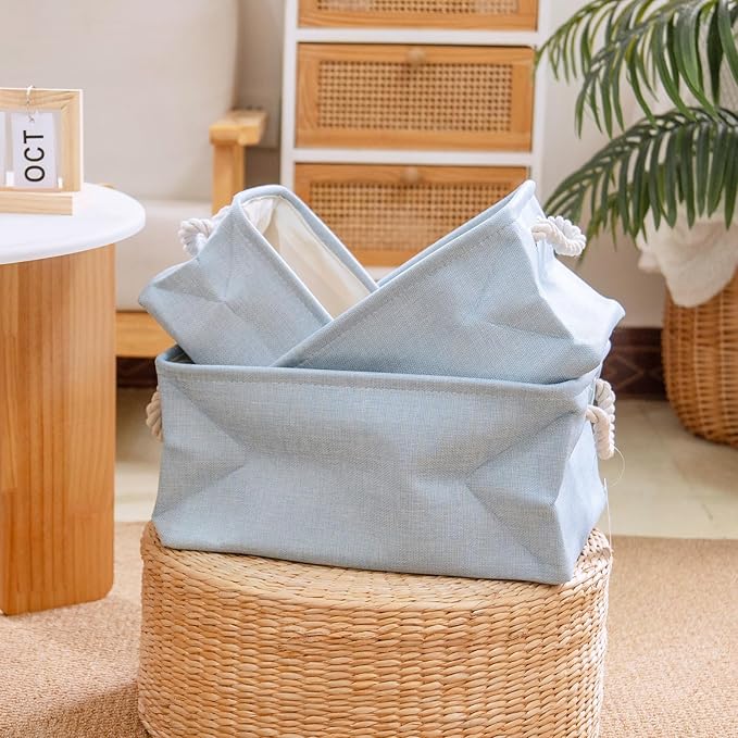 Storage Baskets for Shelves, Closet Organizer Bins, Clothes Storage Bins with Metal Frame, Large Baskets for Organizing and Storage, Collapsible Blue 3-Pack