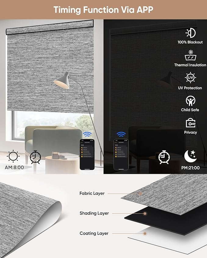 Kincmo Motorized Blinds with Remote,100% Blackout Motorized Roller Shades Work with Apple Homekit,Alexa,Google, Custom Electric Blinds with App,Voice Control (Dreamy Dark Grey)