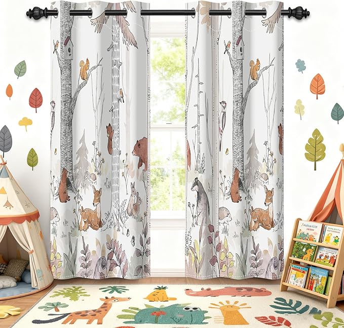 Kids Blackout Curtains for Nursery, Boy's Woodland Animal Print Curtains for Bedroom, Cartoon Room Darkening Window Drapes 2 Panels Set, White, 42W x 84L