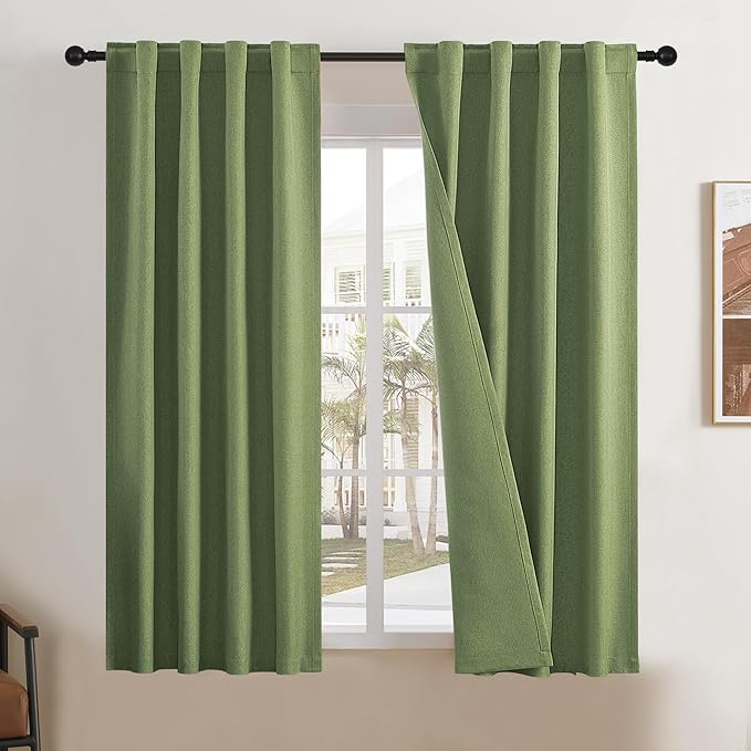 DUALIFE Short Blackout Linen Curtainsfor Kitchen CAF?Doors 54 Inches Long,Rod Pocket Back Tab Hook Belt for Bathroom Basement Laundry 34 Inch Wide x 54 Inch Length,2 Panels Sage Green