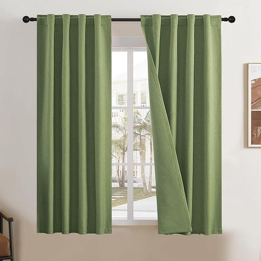 DUALIFE Short Blackout Linen Curtainsfor Kitchen CAF?Doors 54 Inches Long,Rod Pocket Back Tab Hook Belt for Bathroom Basement Laundry 34 Inch Wide x 54 Inch Length,2 Panels Sage Green