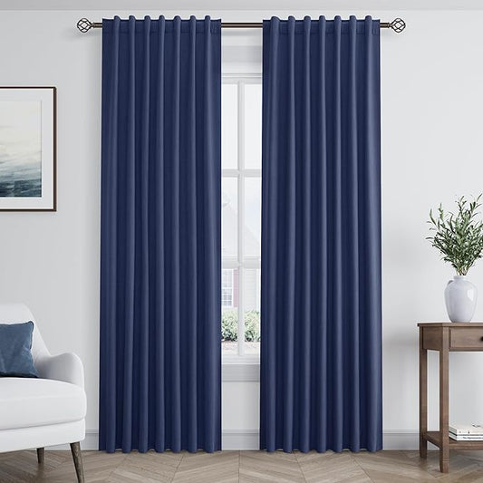 Guken 100% Blackout Curtains 80 Inch Length 2 Panels Set for Living Room Bedroom Back Tab Thermal Insulated Black Out Linen Drapes Room Darkening Window Curtains 80 Inches Long,Classic Blue