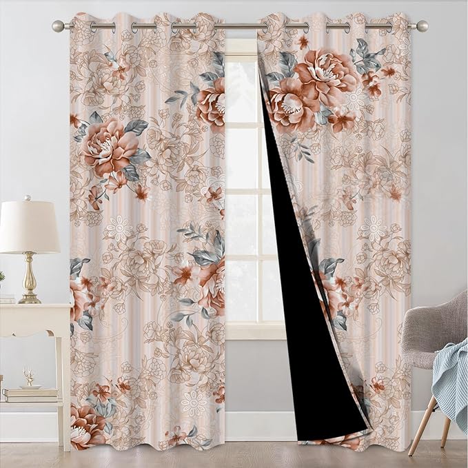 Blackout Curtains for Bedroom 84 Inch Length 2 Panels Set, Beige Pink Floral Black Out Curtains for Girls Room Darkening, Light Filtering Soundproof Grommet Thermal Winter Curtains for Living Room