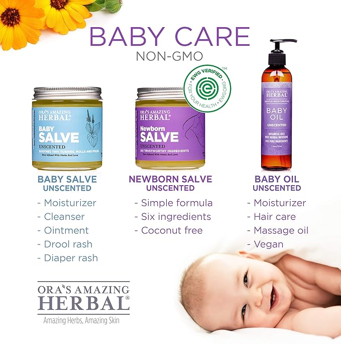 Baby Salve, Diaper Balm Ointment, Drool Rash Prevention, Natural Diaper Cream, Calendula Thyme Burdock Cream, Baby Eczema Acne and Rash Treatment, 4 oz, Ora’s Amazing Herbal