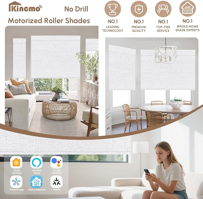 Kincmo No Drill Motorized Blinds with Remote, 100% Blackout Roller Shades for Windows, Custom Electric Blinds Compatible with Alexa, Apple Homekit, Google Home (100% Blackout Starscape White)