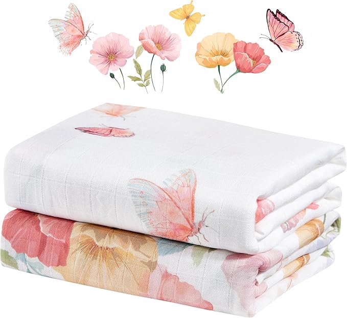 2-Pack 100% Cotton Muslin Swaddle Blankets, Large 47 x 47 Inches — Breathable Soft Receiving Blankets for Newborns, Swaddling Wraps, Baby Essentials, Registry Gift (Butterfly & Bloom Duo)