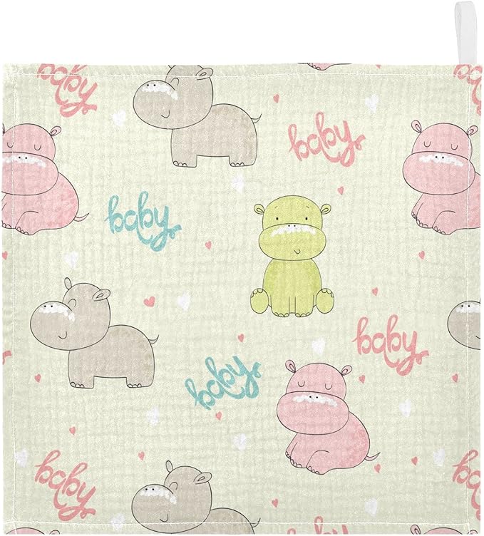 vvfelixl Cotton Cute Hippo Baby Muslin Washcloths Soft Face Towel for Newborns, 11.8 X 11.8 Inch, 5 Pack Beige