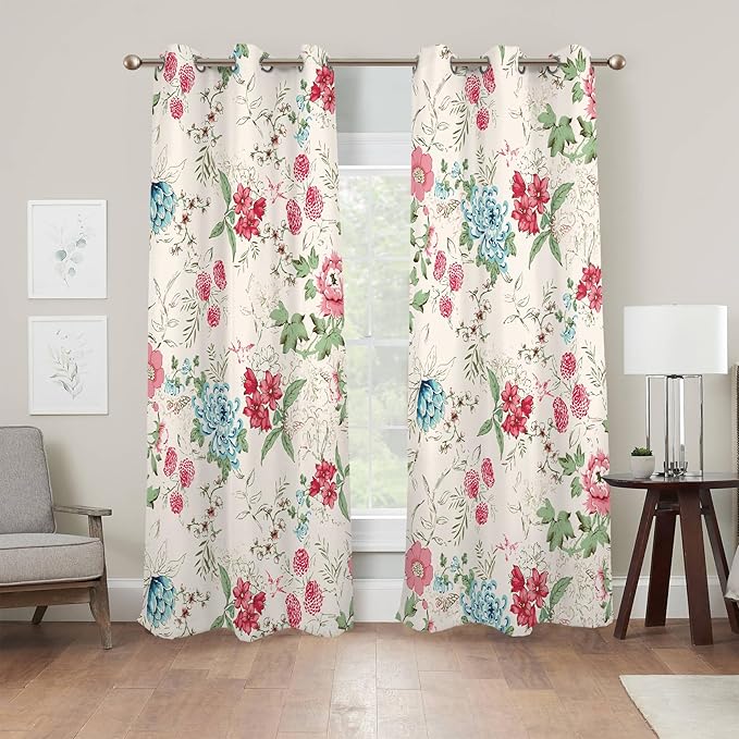 Renaiss Boho Flower Blackout Curtains Wild Blue Pink Floral Thermal Insulated Window Drapes for Bedroom 53W x 96L inches 2 Panel Set Beige Window Curtain Panels for Living Room