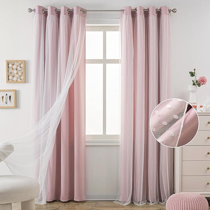 MYSKY HOME Pink Curtains for Girls Bedroom & Nursery Kids Blackout 90 Inch Blush Princess Curtains Double Layer with Polka Dots Sheer, Grommet Tops, 52" Wide, 2 Panels