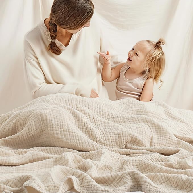 Carriediosa 100% Cotton Muslin Throw Blanket 70" X 80" Twin Size，4-Layers Summer Gauze Throws for Bed Couch，Soft Lightweight Breathable Linen Blankets Bedspread for Adults All Season，Khaki