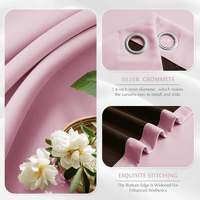Beauoop Pink 100% Blackout Curtains 84 Inch Long 2 Panels for Bedroom Living Room Solid Room Darkening Thermal Insulated Soundproof Energy Saving Grommet Top Window Treatment Drapes, 52x84 2 Set