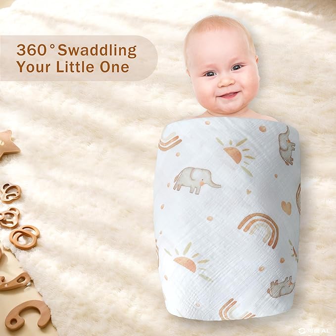 3-Pack 100% Cotton Muslin Swaddle Blankets, Large 47 x 47 Inches — Breathable Soft Receiving Blankets for Newborns, Swaddling Wraps, Registry Gift (Rainbow Elephant Safari)