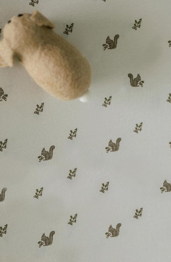 Oilo Changing Pad Cover, Breathable Organic Cotton Fitted Jersey, 300 Thread Count, Machine Wash, Fits Standard Changing Pads (32" x 16"), Heirloom Organic Collection, Squirrel