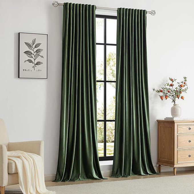 100% Full Blackout Olive Green Velvet Curtains 84 inch Long for Living Room,Set of 2 Liner Rod Pocket Back Tab Thermal Window Curtains Room Darkening Heavy Decorative Curtains Drapes for Bedroom
