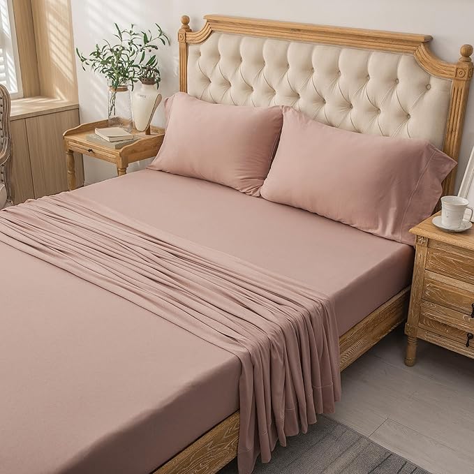 PURE ERA Jersey Knit 4pc Bed Sheet Set 100% T-Shirt Cotton Super Soft Comfy Breathable Fits Mattress Up to 20" Extra Deep Pocket (Solid Petal Pink, King)