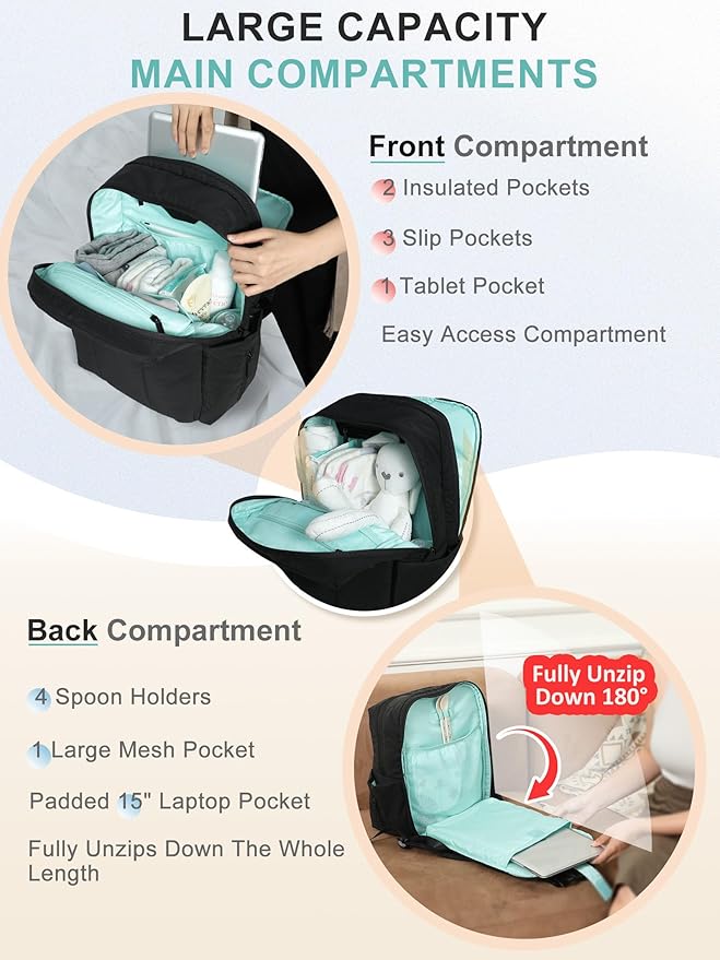 MOMINSIDE Diaper Bag Backpack - Extra Large Puffer Diaper Bag - Neoprene Diaper Bag Quilted Baby Bag for 2 Kids Boys Girls, Large Changing Pad, 15 Pockets, Black