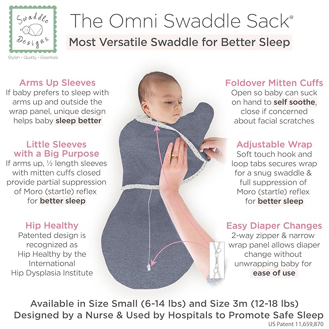 SwaddleDesigns 6-Way Omni Swaddle Sack Arms Up Swaddle for Newborn, More Options to Calm Startle Reflex, Improves Sleep, Easy Transition Baby Sleep Sack, Small, 0-3 Mo, 6-12 lbs, Heathered Denim