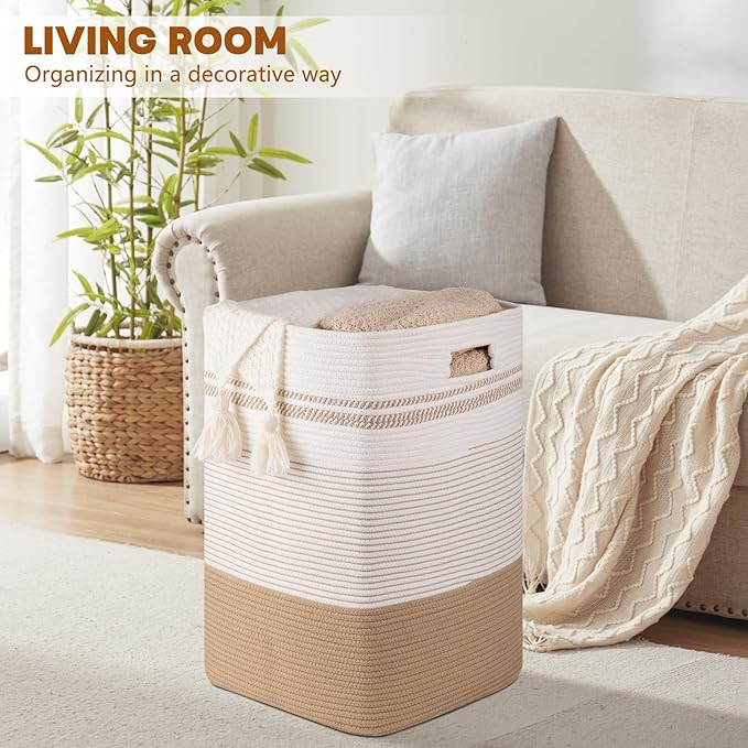 Laundry Basket, Large Woven Rope Tall Laundry Basket with Handles, Decorative Storage Basket for Clothes and Blankets in Living room, Bedroom