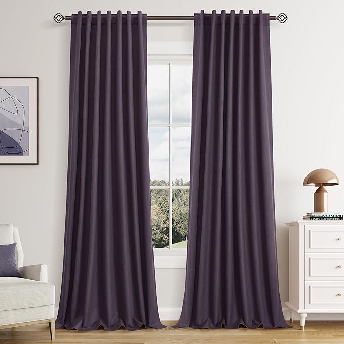 Guken 100% Blackout Curtains 90 Inch Length 2 Panels Set for Living Room Bedroom Back Tab Thermal Insulated Black Out Linen Drapes Room Darkening Window Curtains 90 Inches Long,Plum