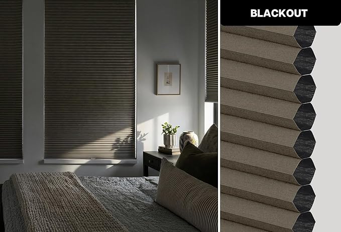 LazBlinds Cordless Cellular Shades, No Tools No Drill Blackout Honeycomb Shades Pleated Blinds for Windows, 35" W x 64" H, Dark Coffee