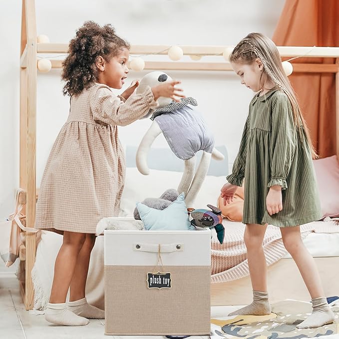 storage cubes 11x11x11Set of 4,Foldable Fabric Storage Cubes with Labels,Linen Cube Storage Organizer Bins Kallax Storage Cubes for Organizing Shelves Cabinet(White Khaki).
