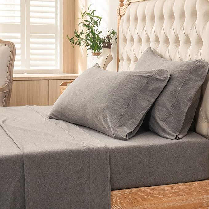 PURE ERA Jersey Knit 4pc Bed Sheet Set 100% T-Shirt Heather Cotton Super Soft Comfy Breathable Fits Mattress Up to 20" Extra Deep Pocket (Heather Dark Grey, King)