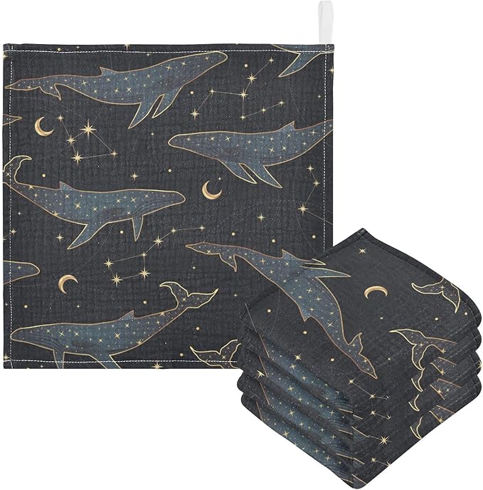 vvfelixl Celestial Constellation Whale Baby Burp Cloths Baby Muslin Washcloths for Boys Girls Cotton Baby Face Towel for Newborn Infants Soft and Absorbent 11.8 X 11.8 in, 5 Pack